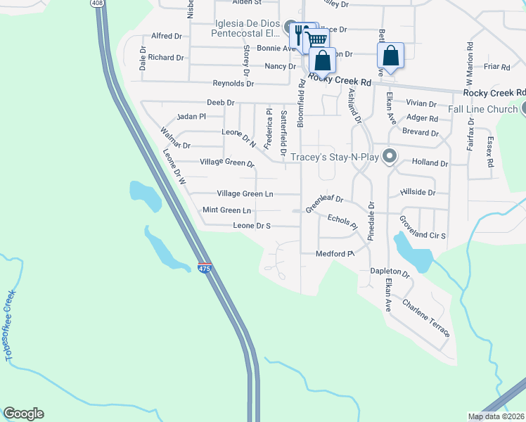 map of restaurants, bars, coffee shops, grocery stores, and more near 5984 Village Green Drive in Macon