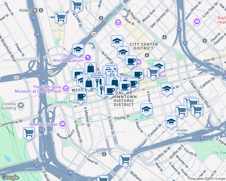map of restaurants, bars, coffee shops, grocery stores, and more near in Dallas