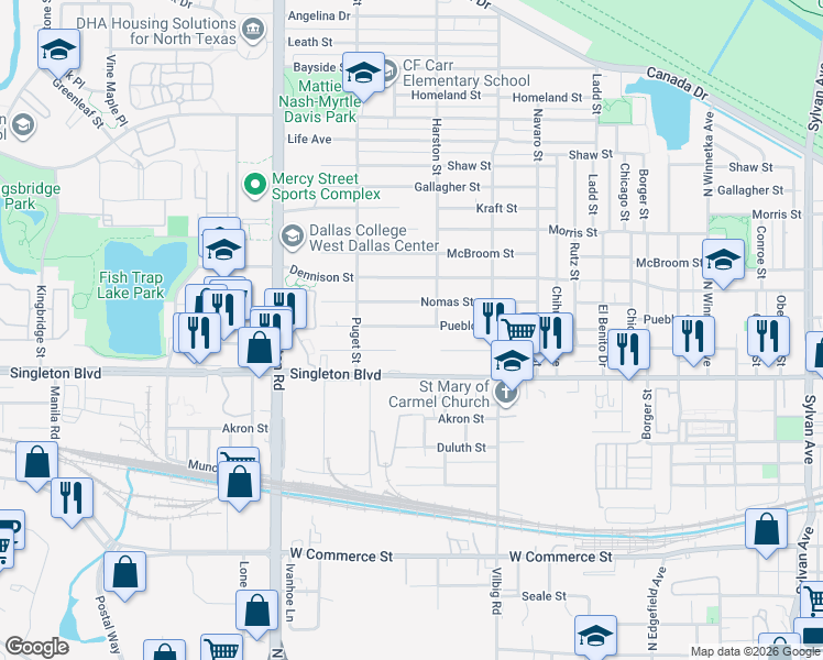 map of restaurants, bars, coffee shops, grocery stores, and more near 1939 Toronto Street in Dallas