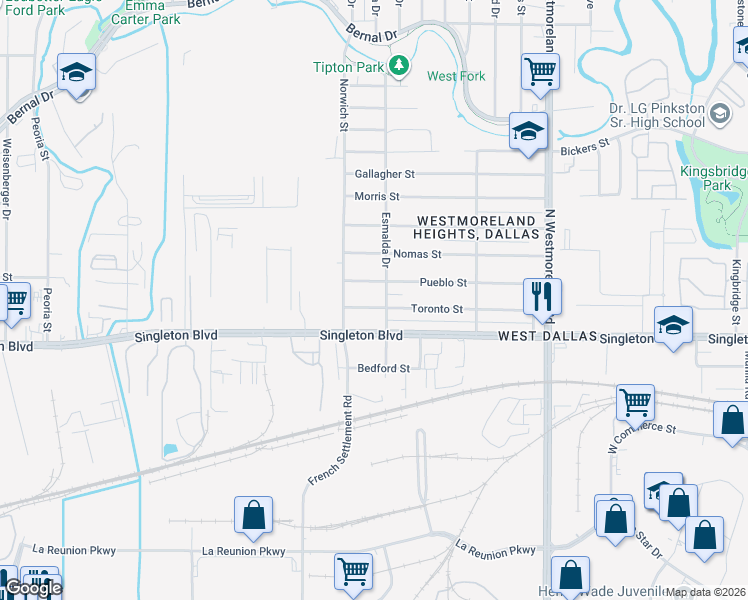 map of restaurants, bars, coffee shops, grocery stores, and more near 3722 Toronto Street in Dallas