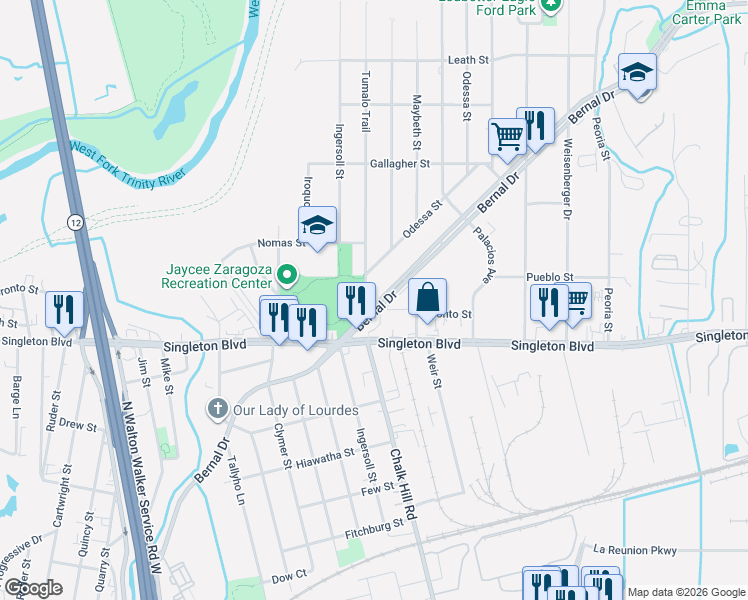 map of restaurants, bars, coffee shops, grocery stores, and more near 5105 Bernal Drive in Dallas