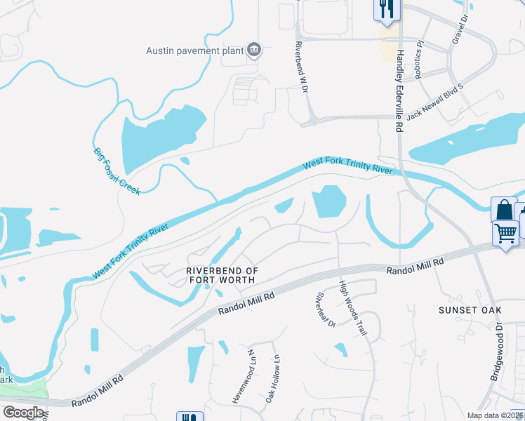 map of restaurants, bars, coffee shops, grocery stores, and more near 405 Forest River Court in Fort Worth