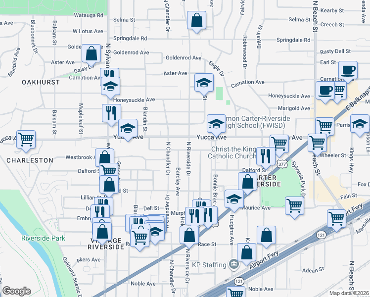 map of restaurants, bars, coffee shops, grocery stores, and more near 1104 Barclay Avenue in Fort Worth