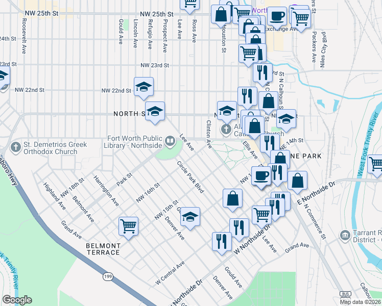 map of restaurants, bars, coffee shops, grocery stores, and more near 1624 Circle Park Boulevard in Fort Worth