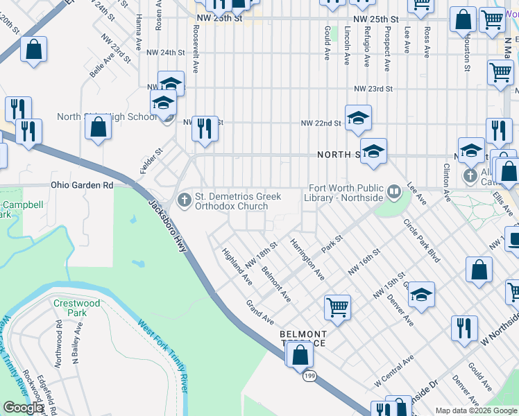 map of restaurants, bars, coffee shops, grocery stores, and more near 1908 Columbus Avenue in Fort Worth