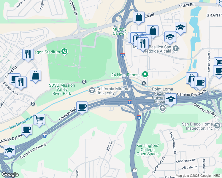 map of restaurants, bars, coffee shops, grocery stores, and more near 3838 Camino Del Rio North in San Diego