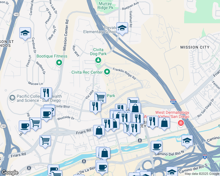 map of restaurants, bars, coffee shops, grocery stores, and more near 2720 Everly Drive in San Diego