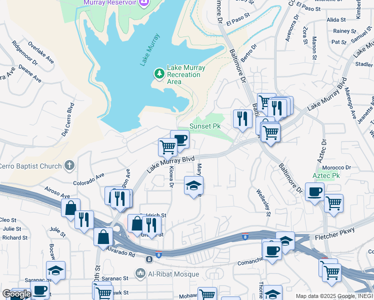 map of restaurants, bars, coffee shops, grocery stores, and more near 7491 Collins Avenue in La Mesa