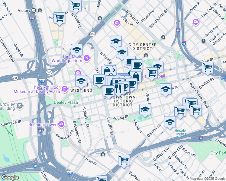 map of restaurants, bars, coffee shops, grocery stores, and more near 1201 Main Street in Dallas