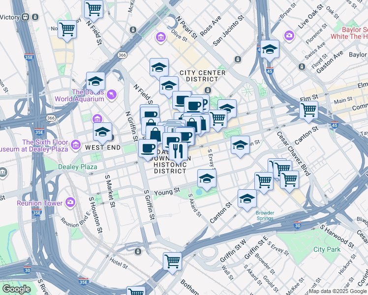 map of restaurants, bars, coffee shops, grocery stores, and more near 1401 Commerce Street in Dallas