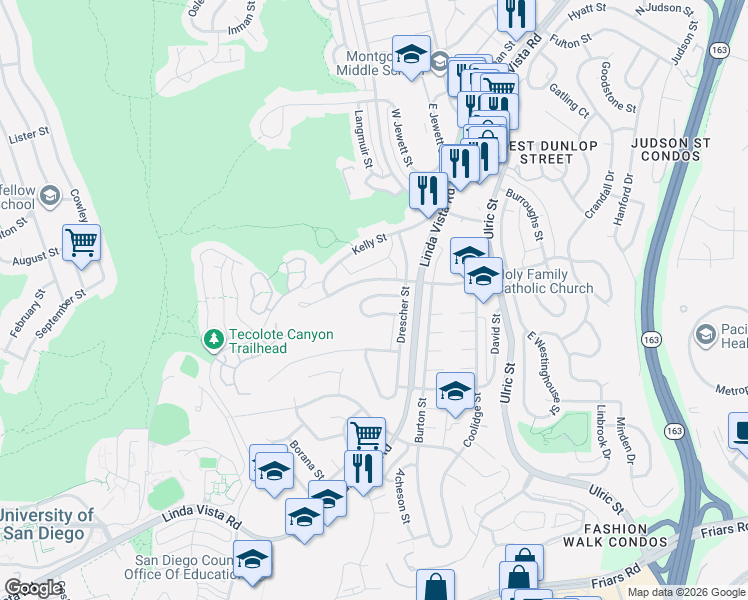 map of restaurants, bars, coffee shops, grocery stores, and more near 6749 South Elman Street in San Diego