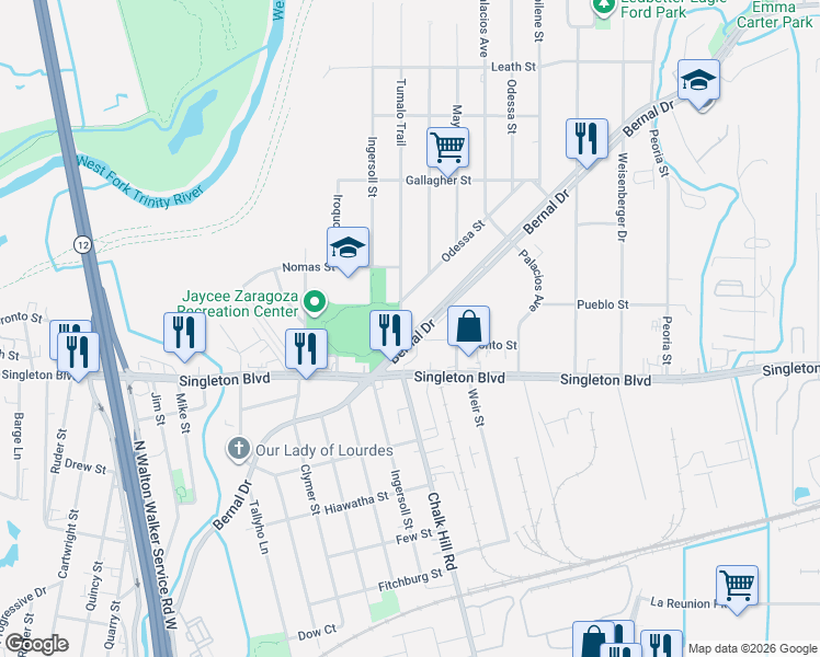 map of restaurants, bars, coffee shops, grocery stores, and more near 5105 Bernal Drive in Dallas