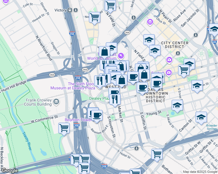 map of restaurants, bars, coffee shops, grocery stores, and more near 501 Elm Street in Dallas