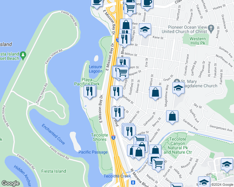 map of restaurants, bars, coffee shops, grocery stores, and more near 1865 Morena Boulevard in San Diego