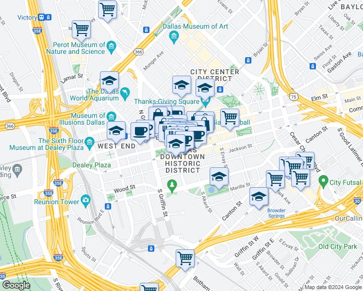 map of restaurants, bars, coffee shops, grocery stores, and more near 1338 Main Street in Dallas