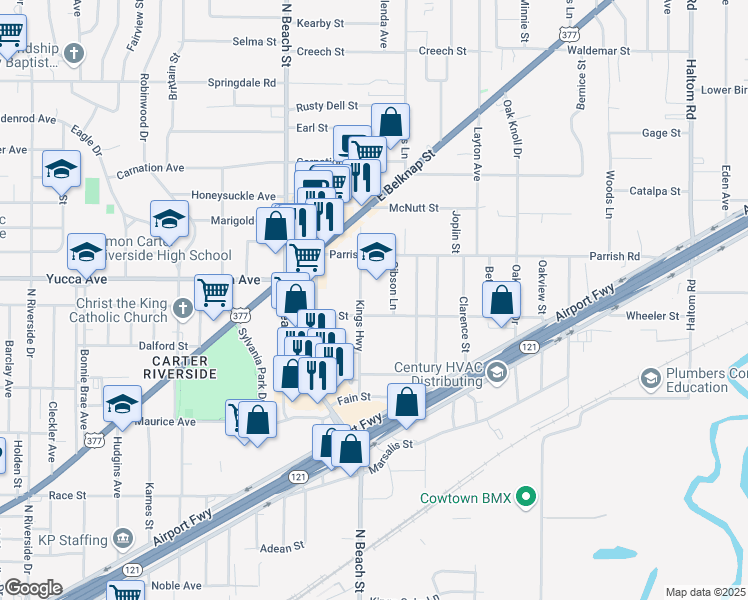 map of restaurants, bars, coffee shops, grocery stores, and more near 1312 Kings Highway in Fort Worth