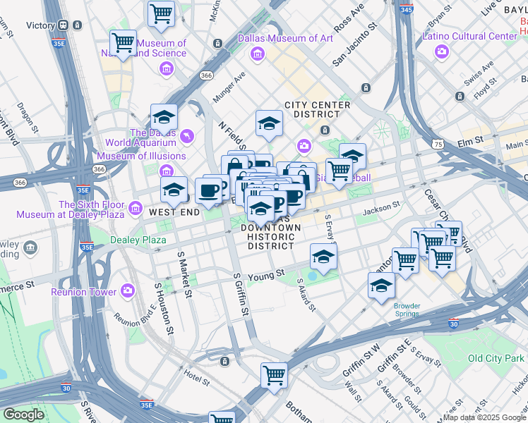 map of restaurants, bars, coffee shops, grocery stores, and more near in Dallas