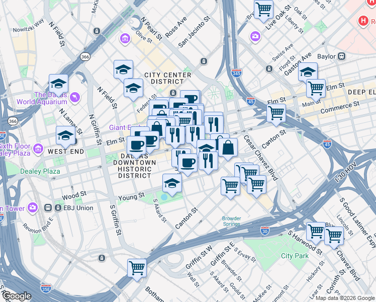 map of restaurants, bars, coffee shops, grocery stores, and more near 1810 Commerce Street in Dallas