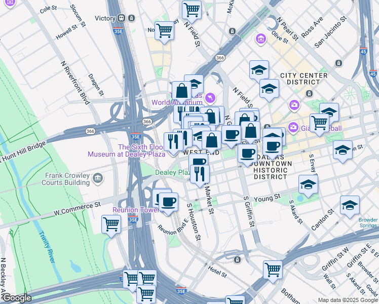 map of restaurants, bars, coffee shops, grocery stores, and more near 100-198 North Record Street in Dallas