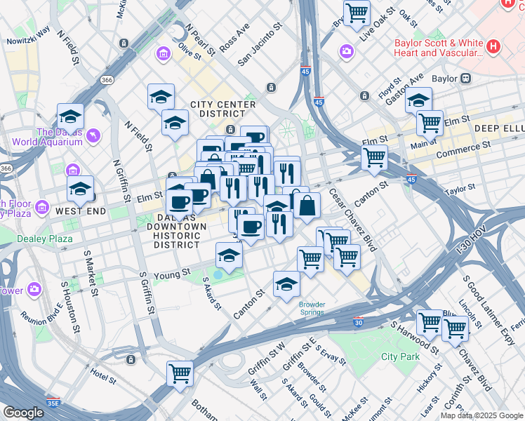 map of restaurants, bars, coffee shops, grocery stores, and more near 1919 Jackson Street in Dallas