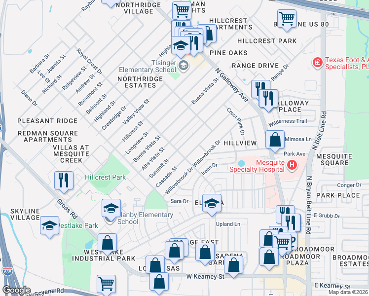 map of restaurants, bars, coffee shops, grocery stores, and more near 1500 Cascade Street in Mesquite