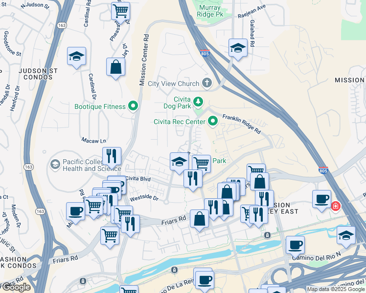 map of restaurants, bars, coffee shops, grocery stores, and more near 8381 Distinctive Drive in San Diego