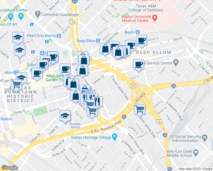 map of restaurants, bars, coffee shops, grocery stores, and more near 2239 Marilla St in Dallas