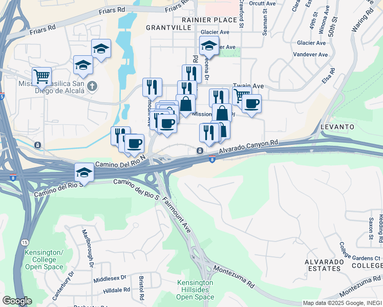 map of restaurants, bars, coffee shops, grocery stores, and more near 4728 Alvarado Canyon Road in San Diego