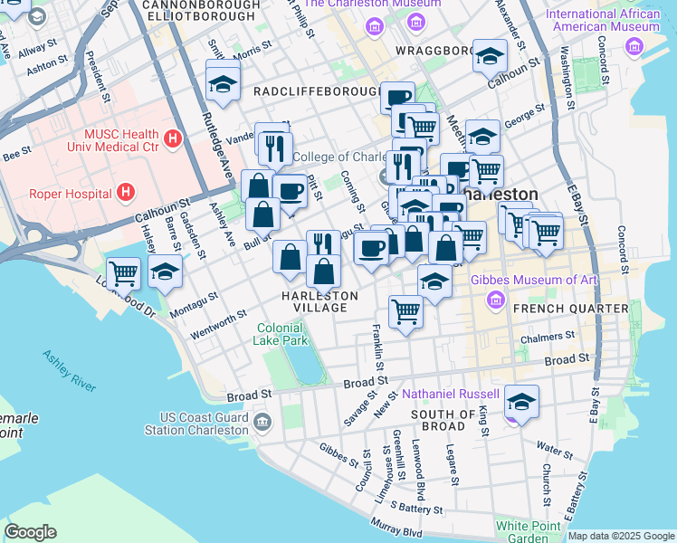 map of restaurants, bars, coffee shops, grocery stores, and more near 94 Beaufain Street in Charleston