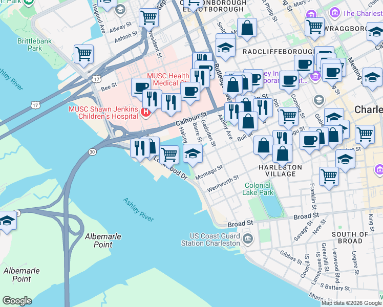 map of restaurants, bars, coffee shops, grocery stores, and more near 155 Bull Street in Charleston