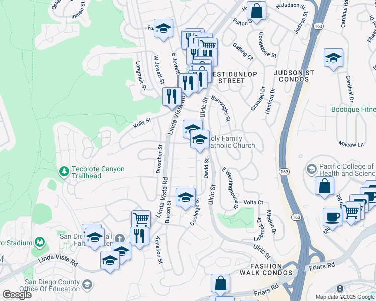 map of restaurants, bars, coffee shops, grocery stores, and more near 6921 Sperry Court in San Diego