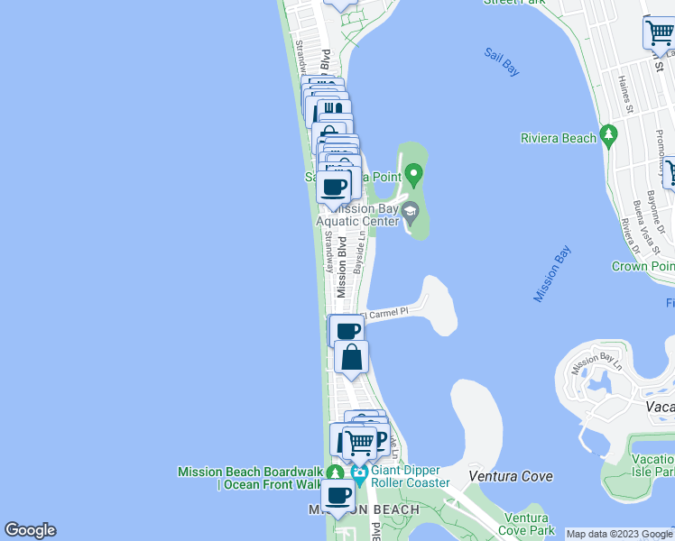 map of restaurants, bars, coffee shops, grocery stores, and more near 3578 Bayside Lane in San Diego