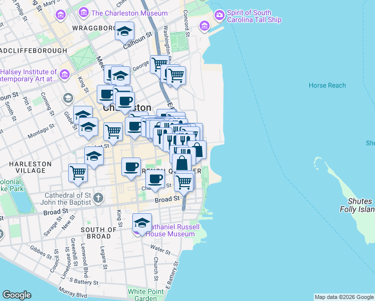 map of restaurants, bars, coffee shops, grocery stores, and more near 191 East Bay Street in Charleston