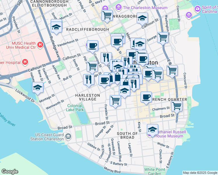 map of restaurants, bars, coffee shops, grocery stores, and more near 129 Logan Street in Charleston