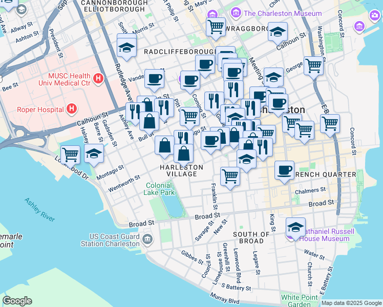 map of restaurants, bars, coffee shops, grocery stores, and more near 94 Beaufain Street in Charleston