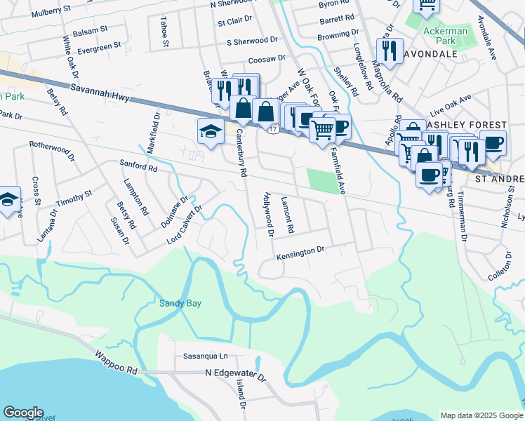 map of restaurants, bars, coffee shops, grocery stores, and more near 318 Hollywood Drive in Charleston