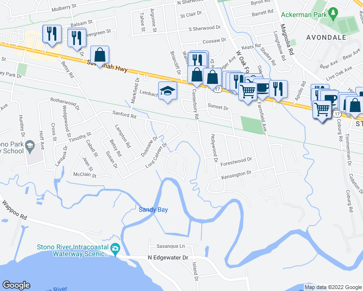 map of restaurants, bars, coffee shops, grocery stores, and more near 63 Indigo Point Drive in Charleston