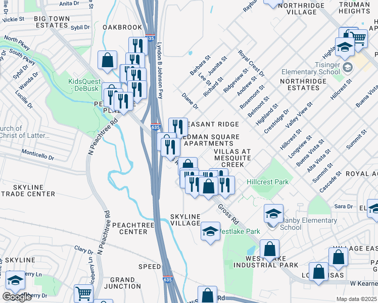 map of restaurants, bars, coffee shops, grocery stores, and more near in Mesquite