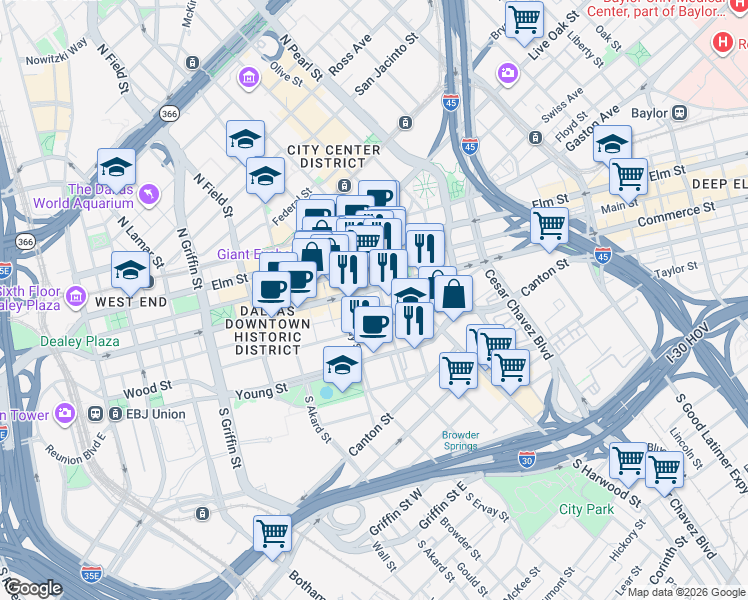 map of restaurants, bars, coffee shops, grocery stores, and more near 1801 Wood Street in Dallas