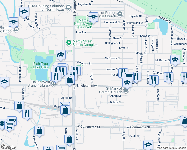 map of restaurants, bars, coffee shops, grocery stores, and more near 3107 Puget Street in Dallas