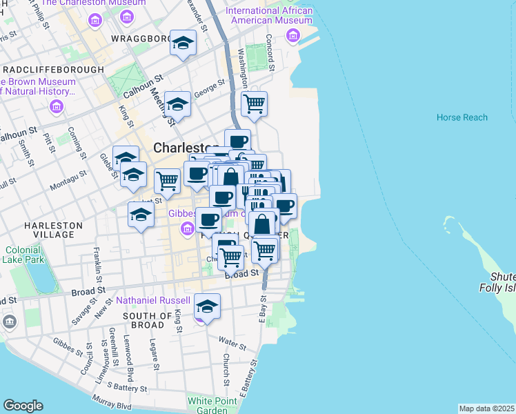 map of restaurants, bars, coffee shops, grocery stores, and more near 191 East Bay Street in Charleston