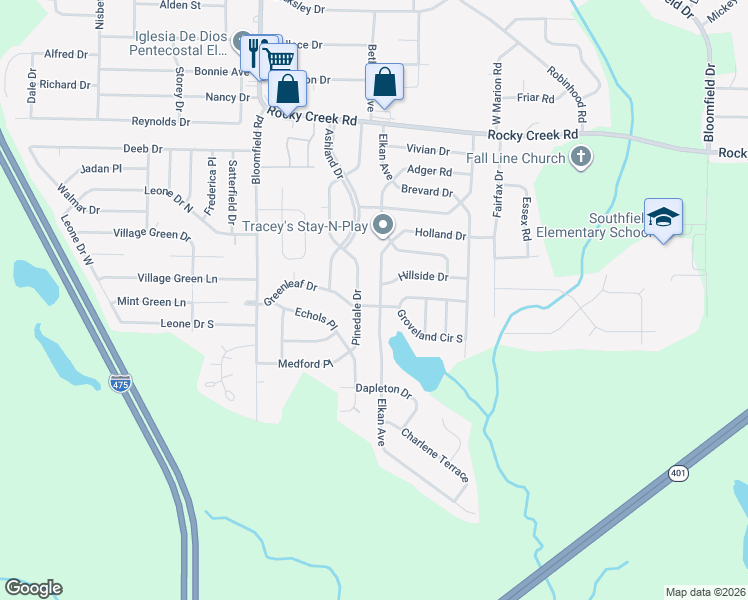map of restaurants, bars, coffee shops, grocery stores, and more near 4510 Pinedale Drive in Macon