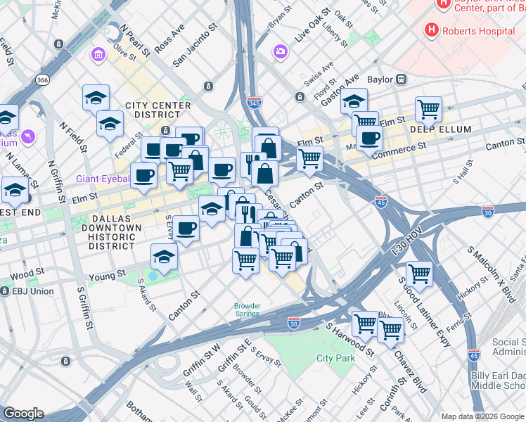 map of restaurants, bars, coffee shops, grocery stores, and more near 2121 Helsminster Drive in Dallas