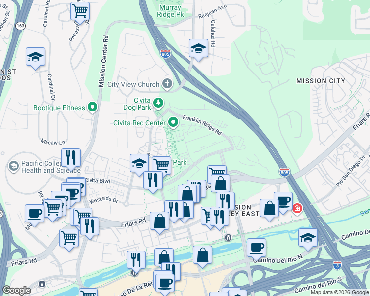 map of restaurants, bars, coffee shops, grocery stores, and more near 2502 Everly Drive in San Diego