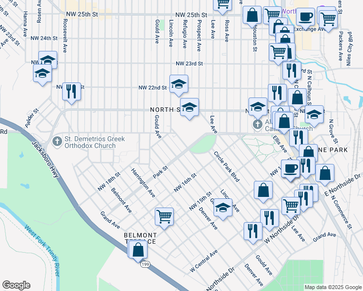 map of restaurants, bars, coffee shops, grocery stores, and more near 1719 Lincoln Avenue in Fort Worth