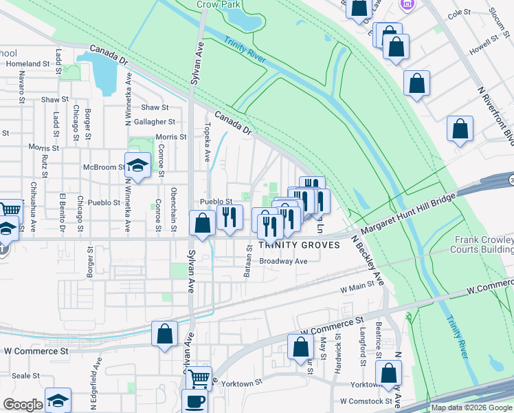 map of restaurants, bars, coffee shops, grocery stores, and more near 423 Singleton Boulevard in Dallas