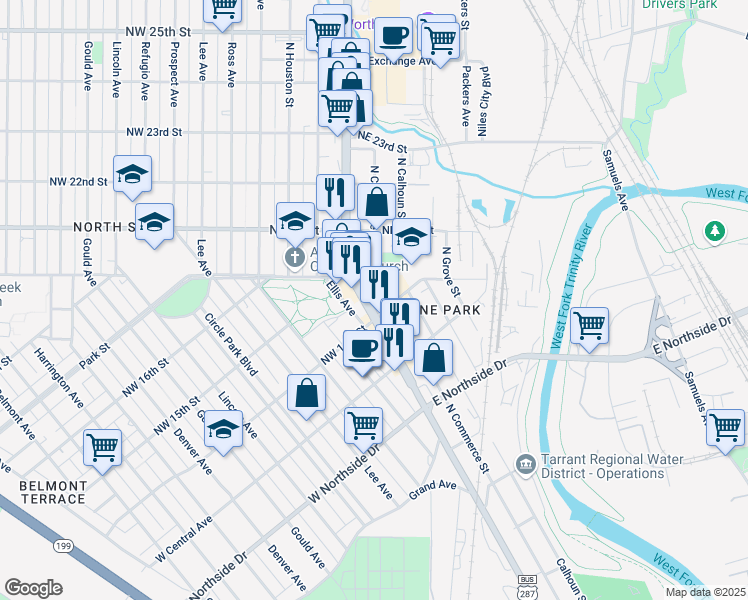 map of restaurants, bars, coffee shops, grocery stores, and more near 1501 North Main Street in Fort Worth