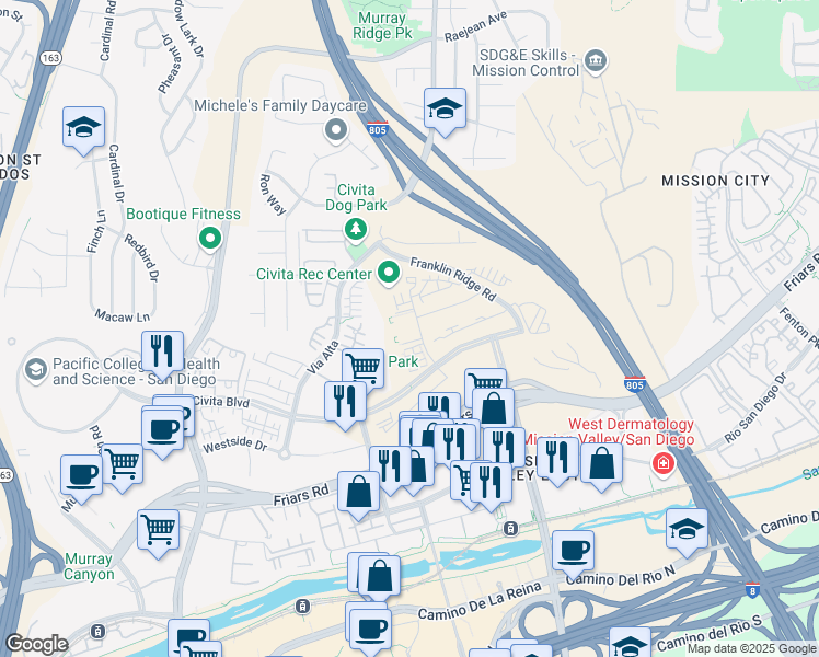 map of restaurants, bars, coffee shops, grocery stores, and more near Everly Drive in San Diego