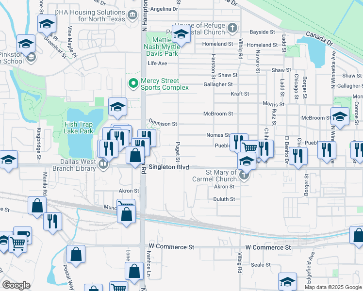 map of restaurants, bars, coffee shops, grocery stores, and more near 1979 Pueblo Street in Dallas