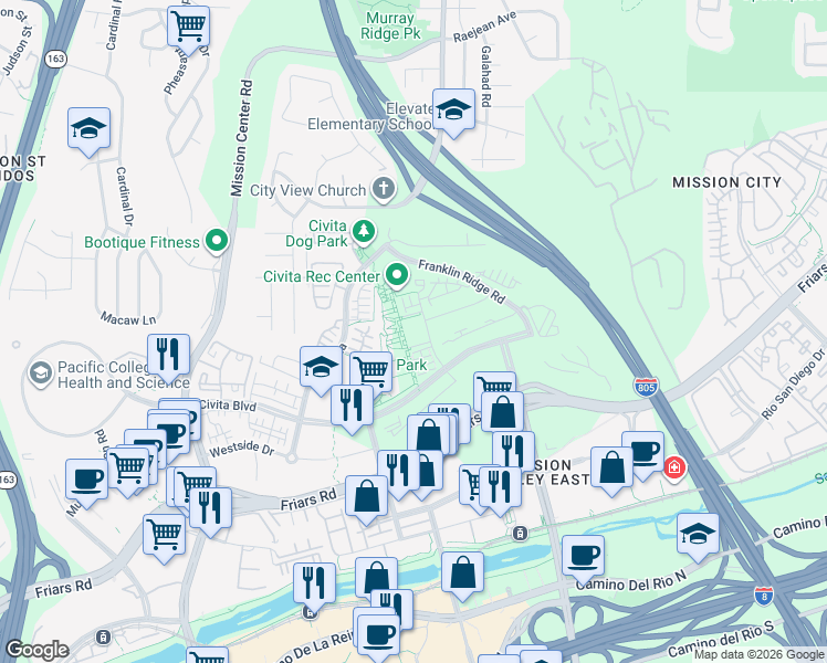 map of restaurants, bars, coffee shops, grocery stores, and more near Everly Drive in San Diego